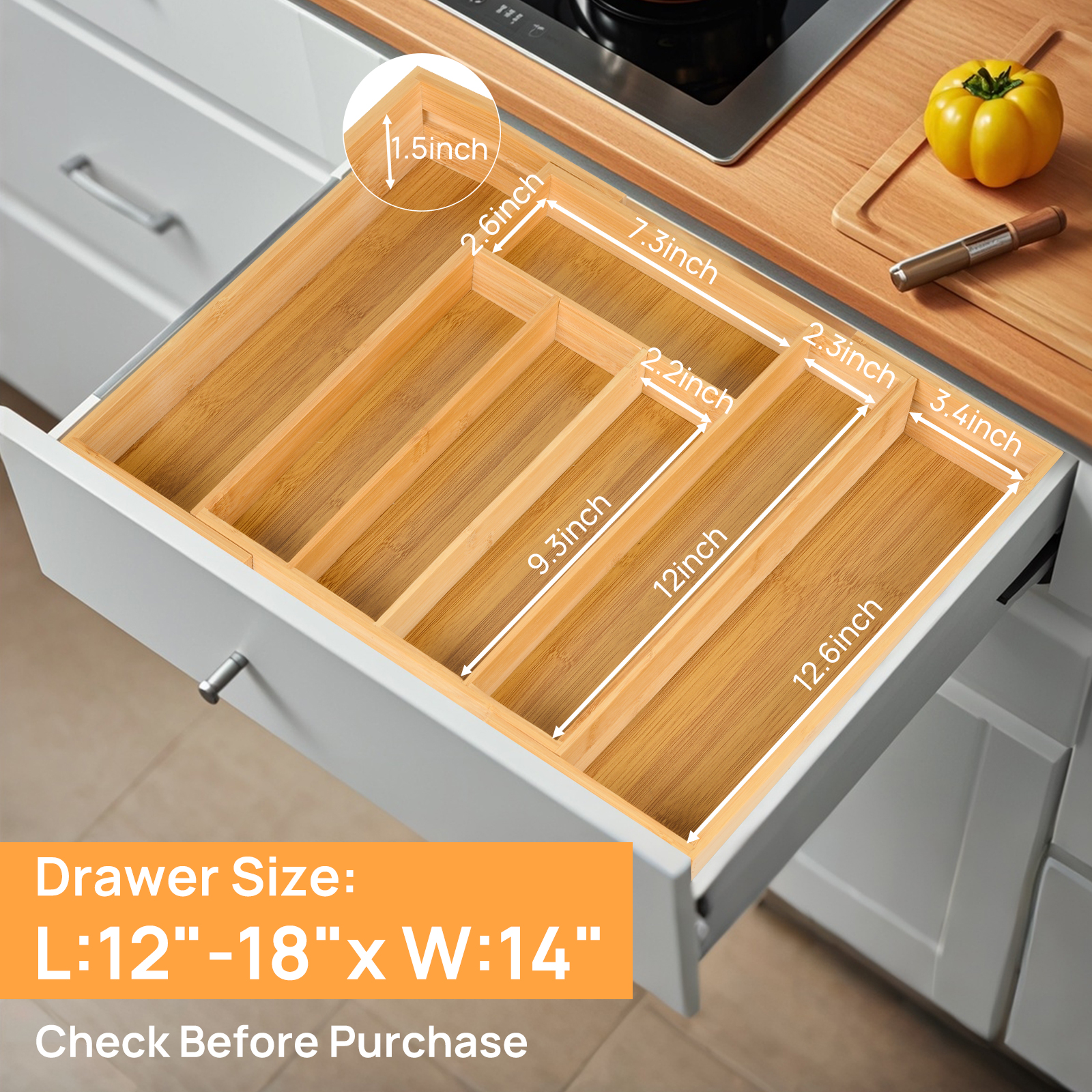 Drawer Organizer Tray - Bamboo Kitchen Drawer Organizer, Expandable &